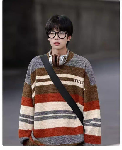 Simple Versatile Trendy Men's Crew Neck Sweater Contrasting Stripes Casual Loose Neutral Style Pullover