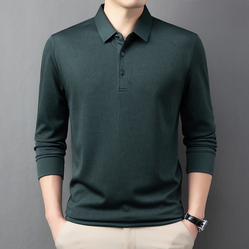 New Men's Business Casual Long Sleeved Shirt with Badge Solid Color Polo Shirt Fashionable Breathable Comfortable Versatile Top