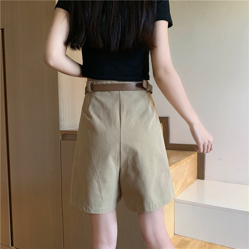 Workwear Shorts for Women High Waist Summer Wide-leg Shorts Belt Khaki Casual Cotton Korean Fashion Solid Pocket Womens Shorts