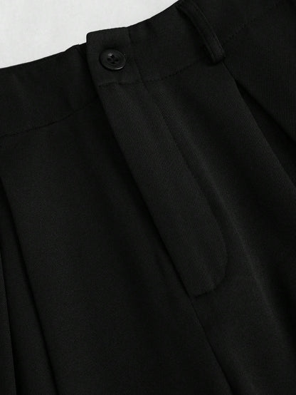 Women's Elegant Jacquard Pleating Wide-Leg Pants Office/Commuting Solid Color Loose Casual Suit Pants, Autumn/Winter