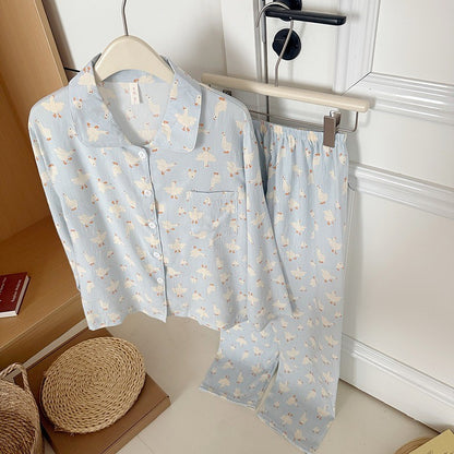 Sweet Cute Goose Print Korean Fashion Women's Pajamas Nightwear Kawaii Casual Lapel Neck Y2K Pajamas Set Autumn New Loungewear