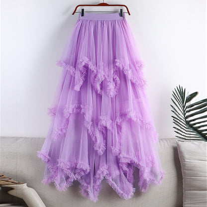 TIGENA Tutu Tulle Long Skirt for Women 2023 New Summer Korean Aesthetic Cute Irregular Mesh High Waist Maxi Skirt Female Purple