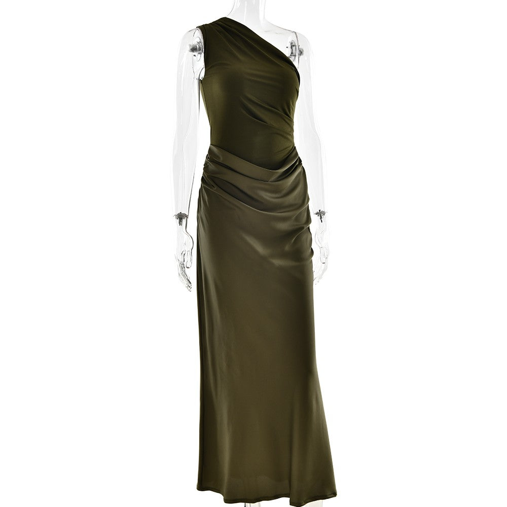 JULISSA MO Patchwork Satin Sexy One Shoulder Women Maxi Dress Brown Sleeveless E
