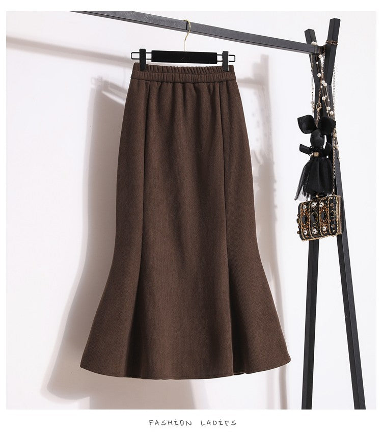 Plus Size Skirt Women 2024 Winter High Waist Elastic Velvet A Line Mermaid Skirt Korean Style Elegant Brown Or Black Long Skirts