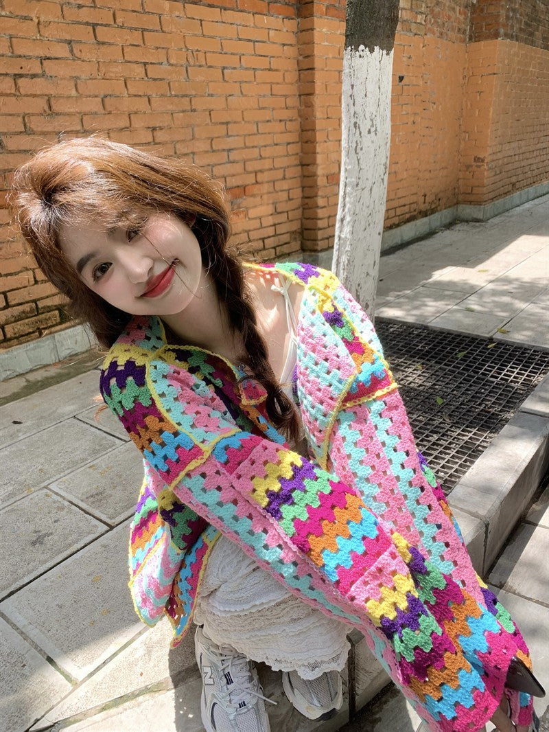 SALIENCY Colorful Crochet Knit Hollow Cardigan Sweater Jacket Women Spring Top Loose Short Knitwear