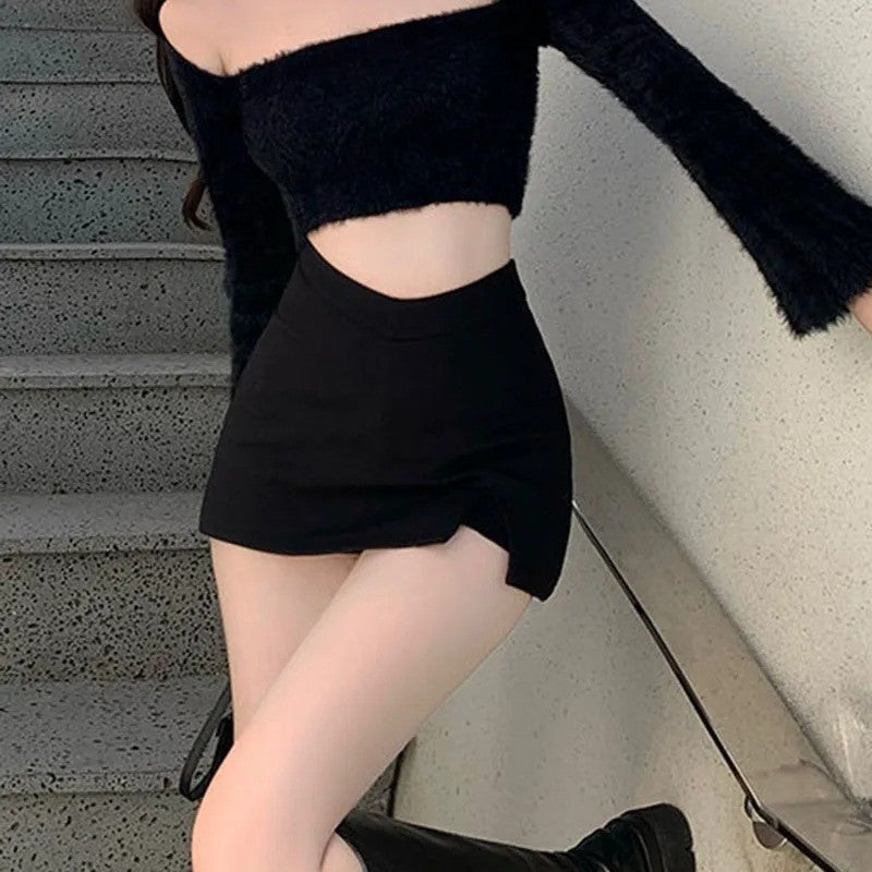 Black Split Mini Skirts Women Summer Sexy Club High Waist Slit Skirt Streetwear