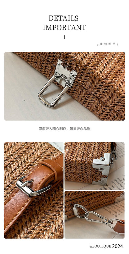 Couple's Sling Bag Straw Weaving with Corner Metal Decoration Boxy Shape Doctor Bag for Date Back to School Party Shoulder Bag
