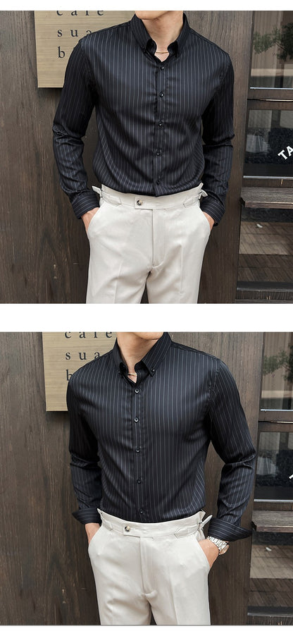 Striped Shirts for Men High-quality 2025 Autumn New Solid Business Casual Long Sleeved Elastic Slim Fit Dress Shirt Men Clothing