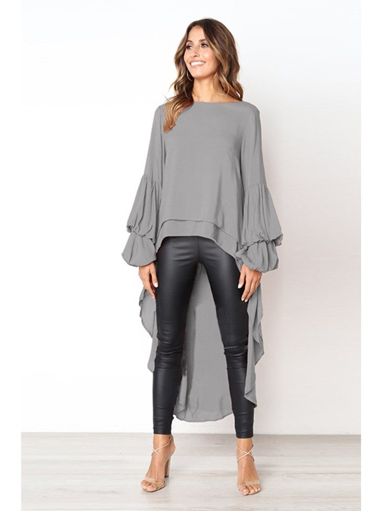 Elegant Solid Color Chiffon Shirts Women O Neck Lantern Sleeves Irregular Long Blouses Tops Temperament Lady Commuting Clothing