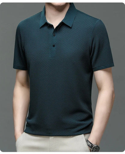 Summer New Men's Lop-up Hollow Short-sleeved Polo Tee Shirt Ice Silk Breathable Business Fashion T-Shirt Male Brand Clothes