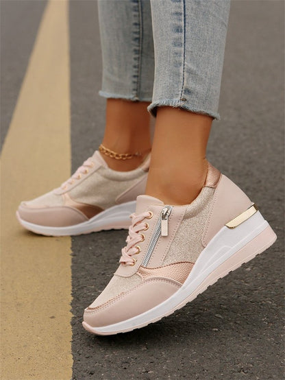 Fashion Thick Bottom Silver Sneakers Women 2025 Spring Wedge Heel Vulcanized Shoes Woman Comfortable Lace Up Sport Sneaker Mujer