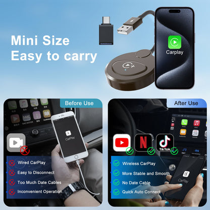 Carplay Wireless Adapter with Youtube/Netflix/Tiktok, Wireless Carplay USB Dongle for Factory Wired Carplay to Wireless