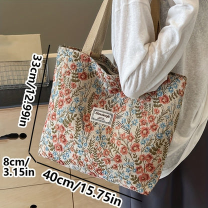 Stylish Corduroy Tote Bag for Women Bohemian Ethnic Style Shoulder Bag for Daily Commuting Shopper Office Worker College Student