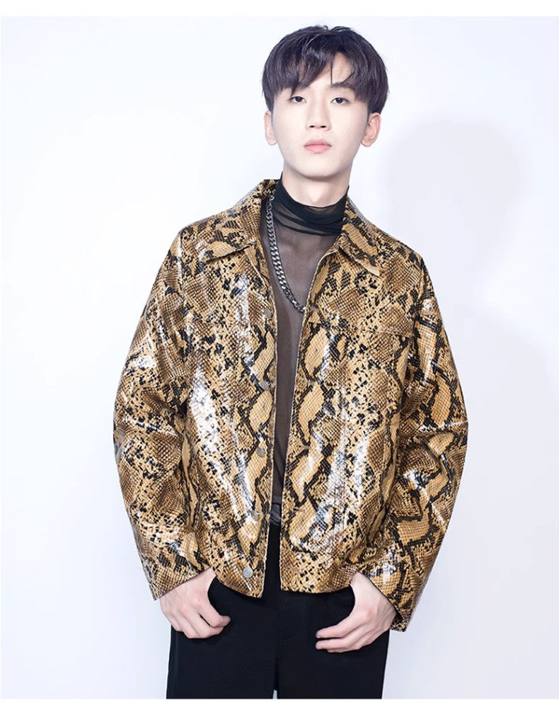 Mauroicardi Spring Autumn Loose Cool Shiny Colorful Snakeskin Print Pu Leather Jacket Men Luxury Designer Clothes Streeetwear