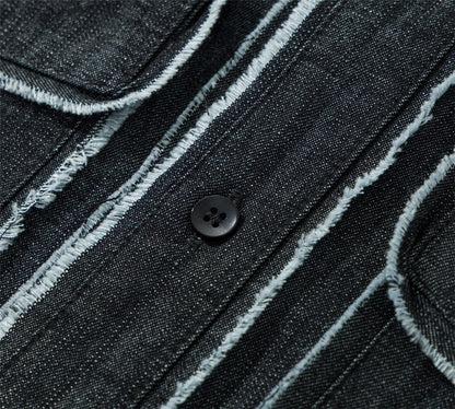 Vintage Raw Edge Denim Shirts Mens Streetwear Harajuku Short Sleeve Shirt Men Loose Casual Cargo Blouse Japan Style Tops Male