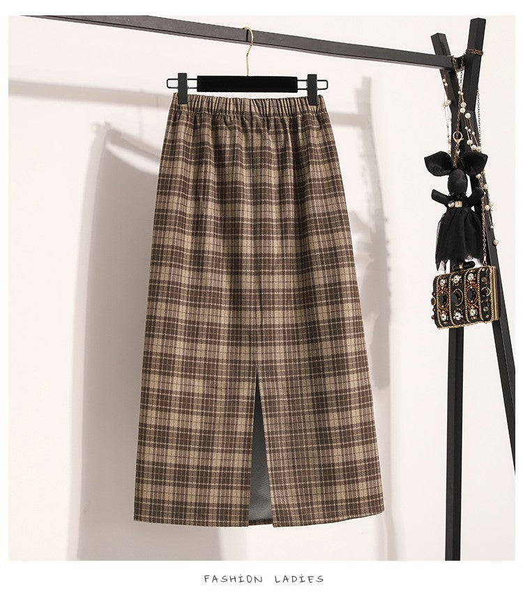 Plus Size Skirt Women 2024 Autumn Winter High Elastic Waist A Line Gray Or Khaki Plaid Skirt Korean Casual Long Skirts Womens