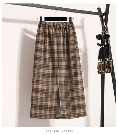 Plus Size Skirt Women 2024 Autumn Winter High Elastic Waist A Line Gray Or Khaki Plaid Skirt Korean Casual Long Skirts Womens
