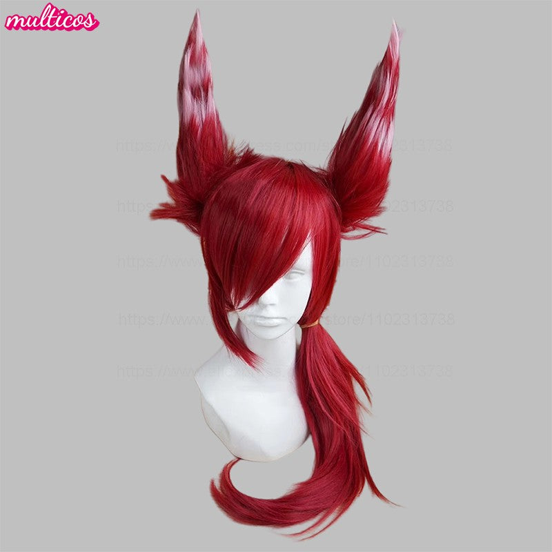 Peruca Xayah Cosplay de Alta Qualidade LOL Cosplay Orelhas Vermelhas Mistas Brancas Resistente ao Calor Perucas de Cabelo Sintético Anime + Touca de Peruca