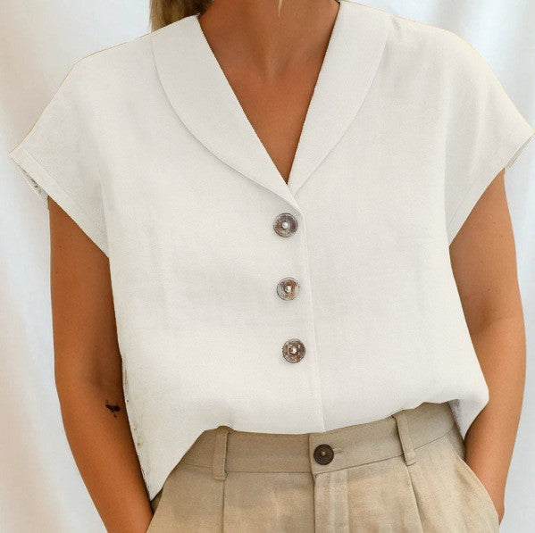 2025 Women's Short Sleeve Shirt, V Neck Solid Color Blouse Casual Button Down Open Front Cardigan