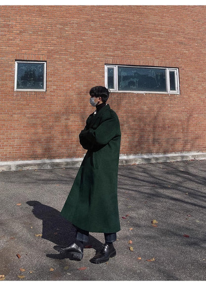 Mauroicardi Autumn Winter Long Warm Oversized Soft Dark Green Black Woolen Coat Men Loose Casual Korean Wool Blends Overcoat
