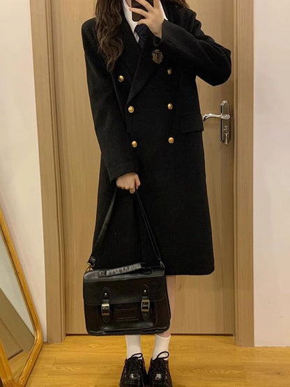 Jk Uniform Wool Coat Women Fashion Japanese Preppy Elegant Badge Black Midi Outwear Autumn Winter Sweet Long Sleeve Quilted Tops