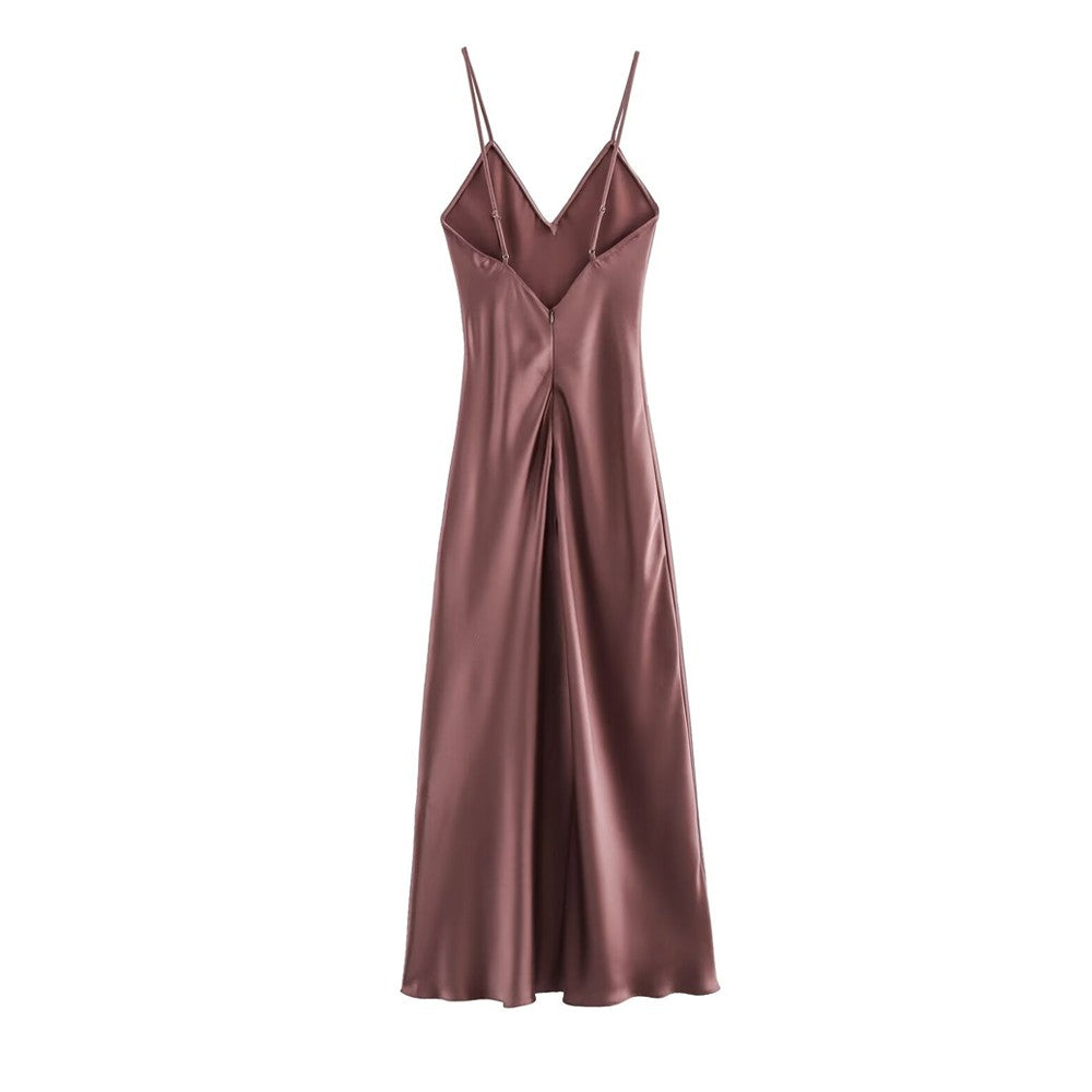 TRZA-Women's Satin Midi Dress, V Neck, Thin Straps, Backless, Female Dresses, Se
