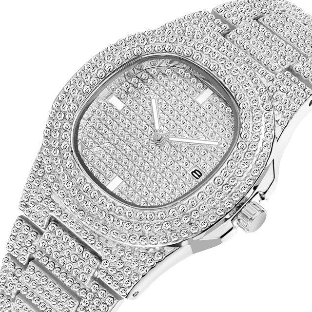 New Punk Men Watch Iced Out Diamond Sparkling Quartz Watches Fashion Hip Hop Classic Silver Color Watch Jewelry Men Women Gift