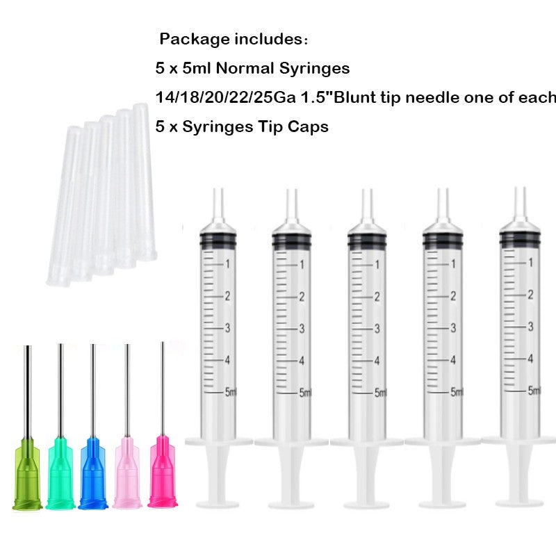 Seringa Luer de 1/3/5/10ML com Agulha de Ponta Romba de 14-25Ga 1,5" e Conjunto de Tampa de Agulhas de Distribuição de Aço Inoxidável para Mistura de Líquidos
