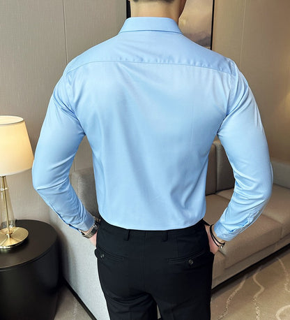 Seamless silk business casual shirt, long sleeved white non ironing elastic silk sliding cross shirt, men's formal wear