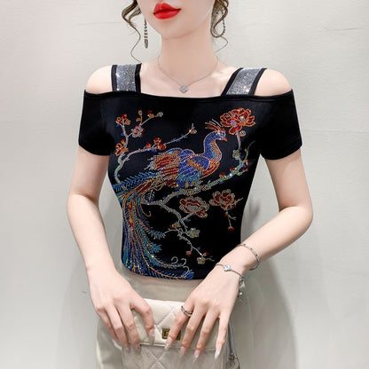 Summer New Fashion Cartoon T-shirt Chic Hollow Out Hot Diamonds Tees Sexy Off Shoulder Short Sleeve Women's Tops Blouse