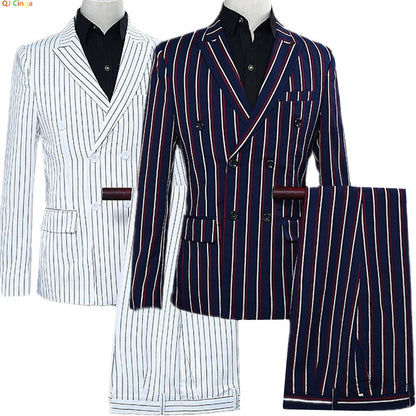 Navy Blue Mens Double-breasted Suit Two-piece Set, White Vertical Striped Jacket Paired with Matching Trousers, Asian Size S-XXL