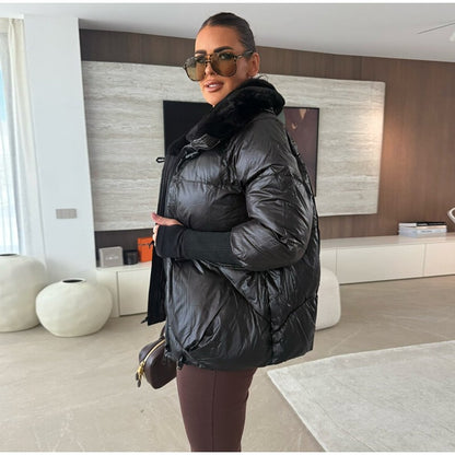 Vintage Women's Fur Coat Elegant Furs Collar Puffer Thicken Full Sleeve Jacket With Furs Female 2025 Autumn Winter Woman Coats