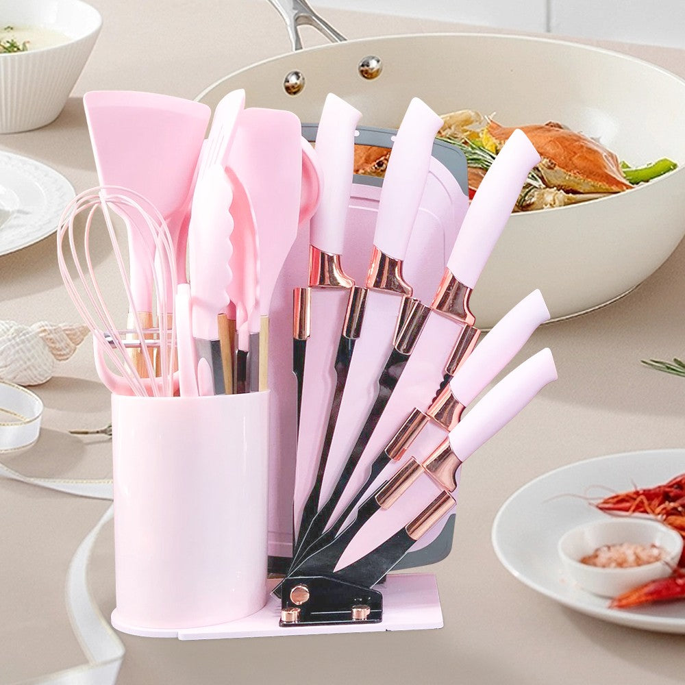MDHAND Kit de Utensílios de Cozinha de Silicone Resistente ao Calor com 20 Peças, com Cabos de Madeira, Facas, Colher de Sopa com Tesouras, Cozinhe Sem Complicações