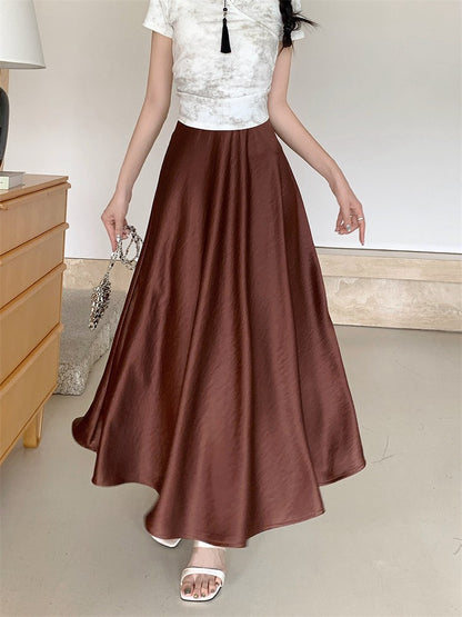 Plus Size Satin Half-Body Skirt Female 2026 Spring New Korean Fashion Temperament Elegant Solid Casual A-line Skirts