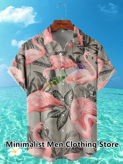 2023 Leaf and Flamingo Print Shirt For Men Hawaiian Shirt Casual Beach Short Sleeve Fashion Tops Male Blouse Summer Clothing