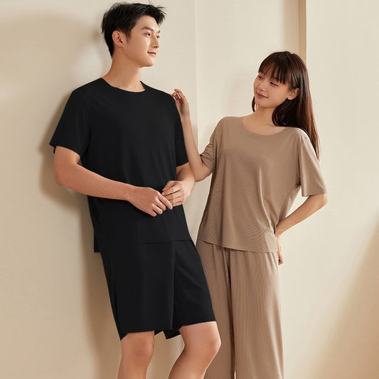 Super Thin Pajamas Suit Women Men Summer Ice Silk Cool Short-sleeved O-Neck Sleepwear Male Female Classic Simple Loungewear Suit