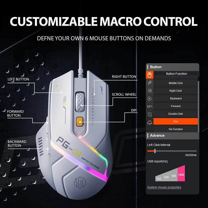 Mouse Inphic PG1 com Fio para Escritório/Jogos com 12 Efeitos de Iluminação RGB e 12800DPI, Adequado para Desktops e Laptops