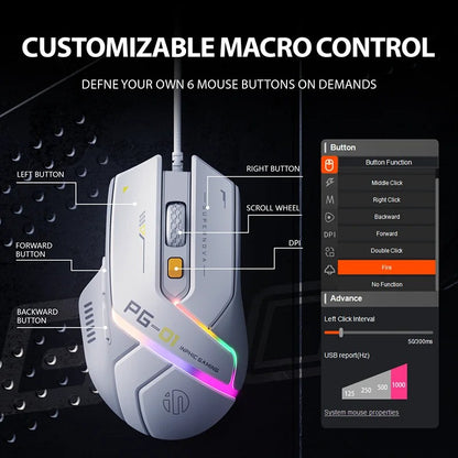 Mouse Inphic PG1 com Fio para Escritório/Jogos com 12 Efeitos de Iluminação RGB e 12800DPI, Adequado para Desktops e Laptops