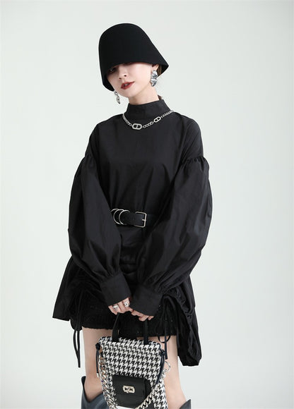 2025 Women Irregular Drawstring Big Size White Blouse New Stand Collar Long Sleeve Shirt Fashion Tide Spring Autumn