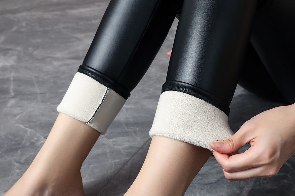 2024 Autumn Winter Velvet Thick Warm Leather Pants Women Elastic PU High Waist Leggings Black Casual Slimming Fleece Trousers