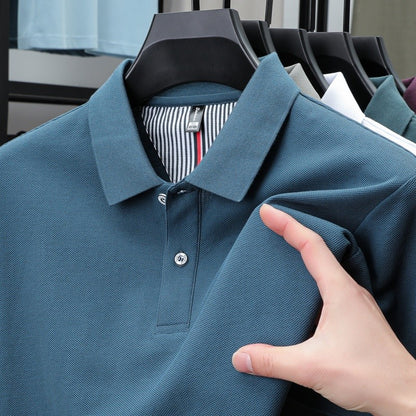 100% pure cotton short sleeved men's polo shirt summer boutique fashion high-quality top solid color collar back striped T-shirt
