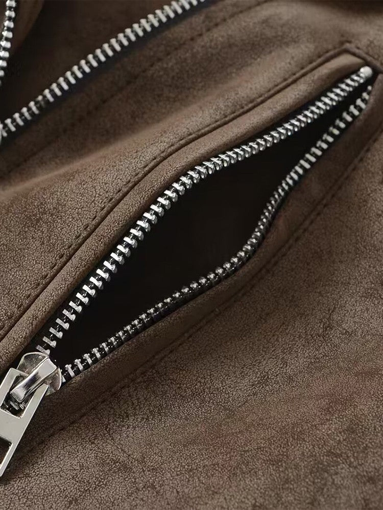 European style new women's fashion versatile temperament retro design velvet PU motorcycle jacket short coat