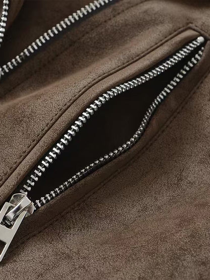 European style new women's fashion versatile temperament retro design velvet PU motorcycle jacket short coat