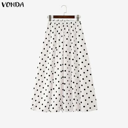 VONDA Polka Dot Bohemian Long Skirts Women Oversize Casual Elastic Waist Jupes Faldas Saia 2025 Autumn Maxi Skirt Plus Size 5XL