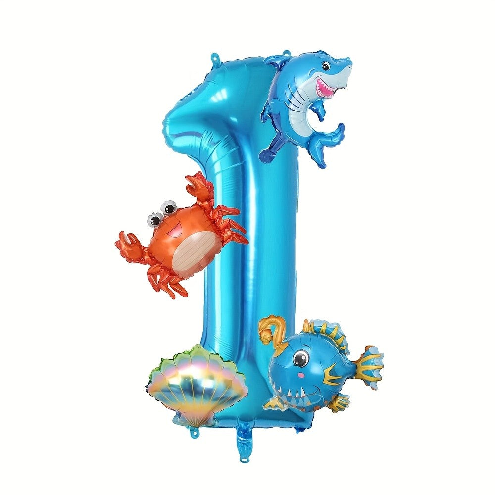 5Pcs Mini Blue Ocean Balloon Set Blue Number Balloon Set Ocean Animals Shark Crab Themed Birthday Party Decorations Gifts