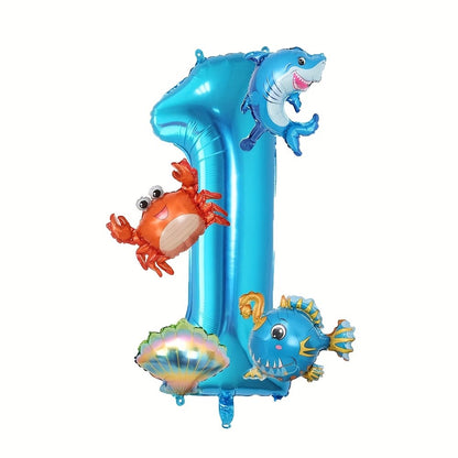 5Pcs Mini Blue Ocean Balloon Set Blue Number Balloon Set Ocean Animals Shark Crab Themed Birthday Party Decorations Gifts