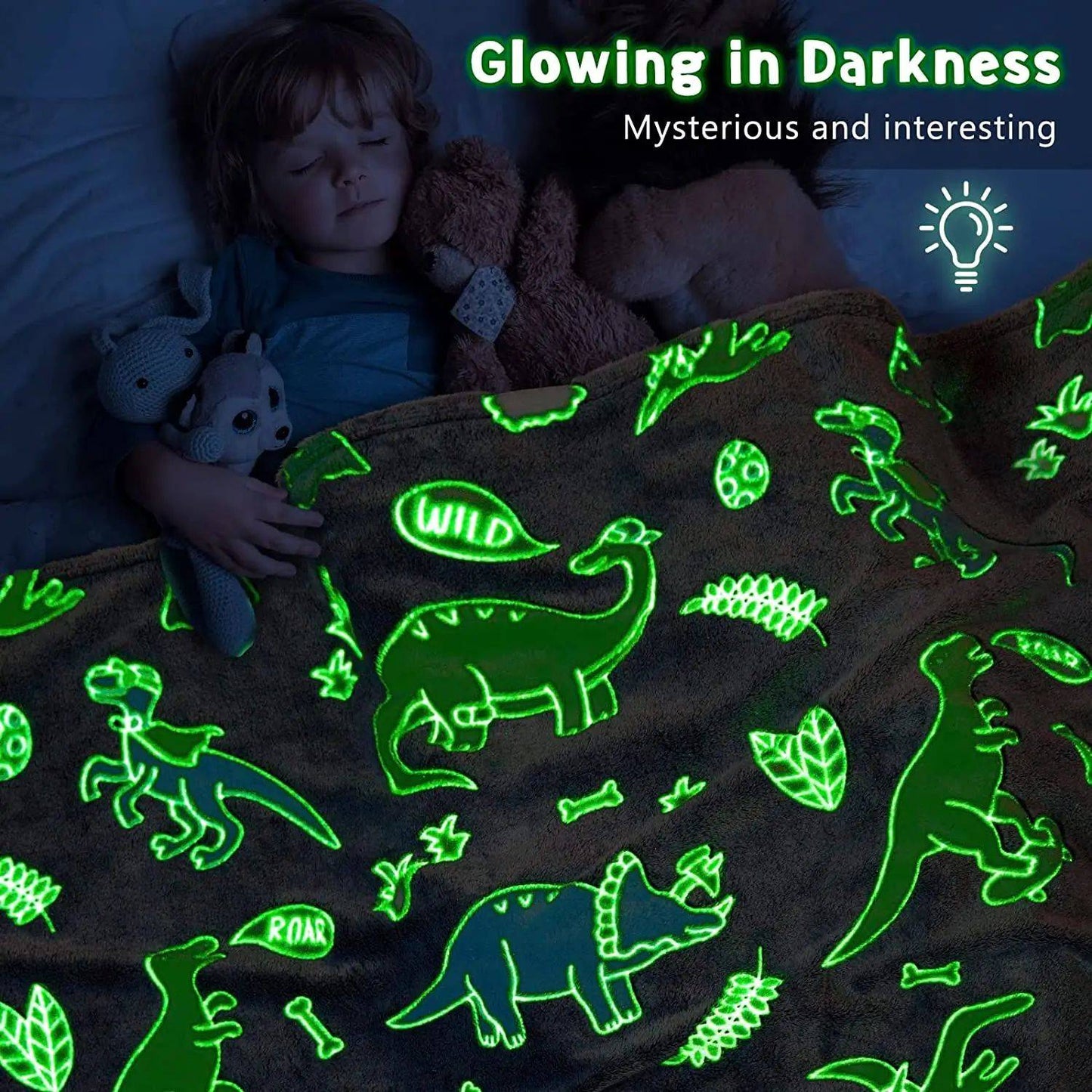 Manta de Flanela de Dinossauro Unicórnio Luminoso para Meninas e Meninos Que Brilha no Escuro Macia para Árvore de Natal