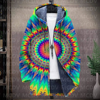 Men's Retro Print Plush Thick Long-Sleeved Coat Cardigan Psychedelic 3D Prined Fleece Hooded Overcoat Unisex Thick Warm Jacket