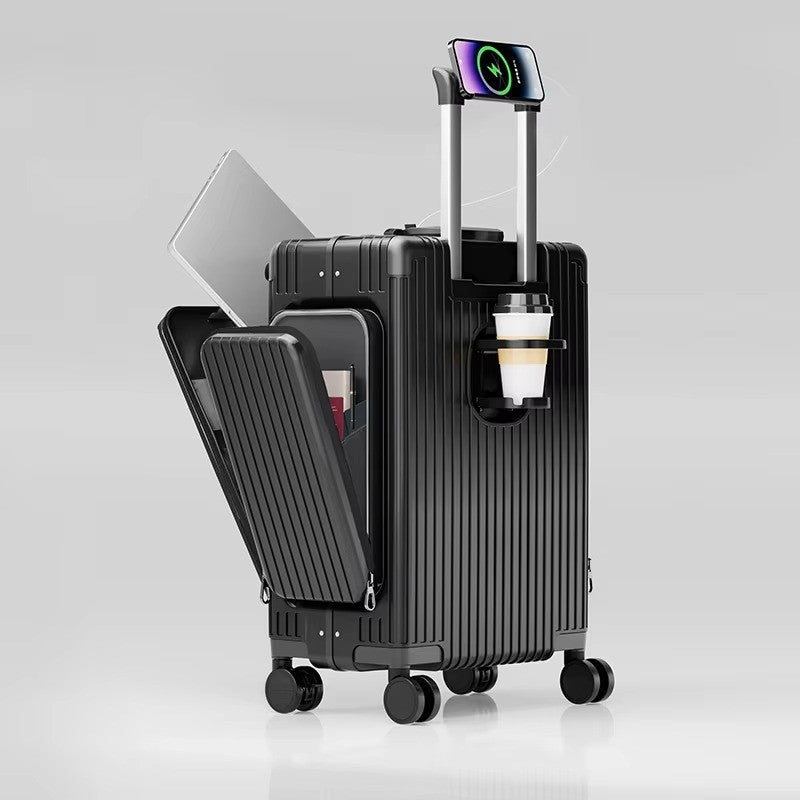 Tri-Zone Access Opening Suitcase Aluminum Frame PC Material Travel Case with Spinner Wheels Cup Holder TSA Lock Rolling Luggage