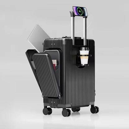 Tri-Zone Access Opening Suitcase Aluminum Frame PC Material Travel Case with Spinner Wheels Cup Holder TSA Lock Rolling Luggage